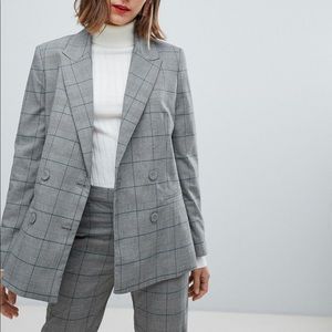 MANGO grey and green check blazer. Double breasted, single welt. Size US6.